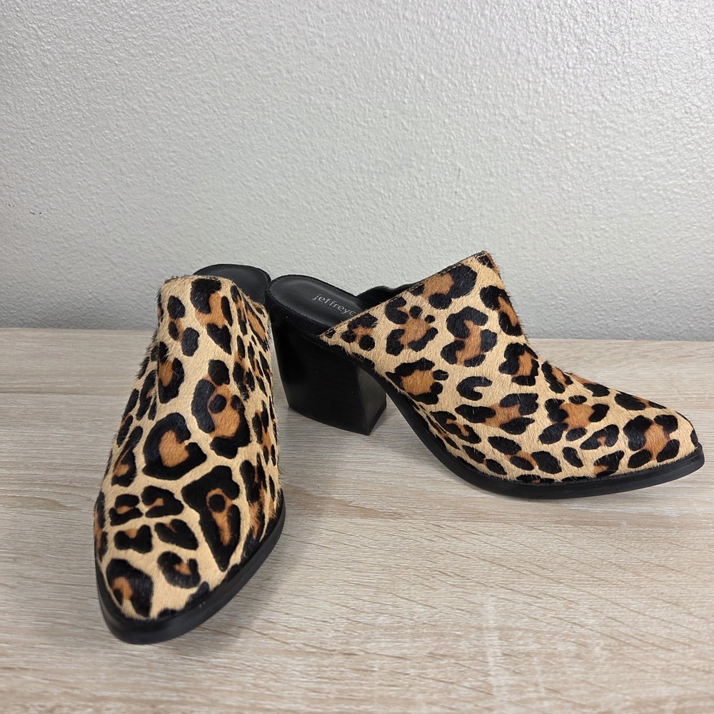 Jeffrey Campbell Favela Leopard Calf Hair Mule Heels Size 5 Pointed Toe Block He